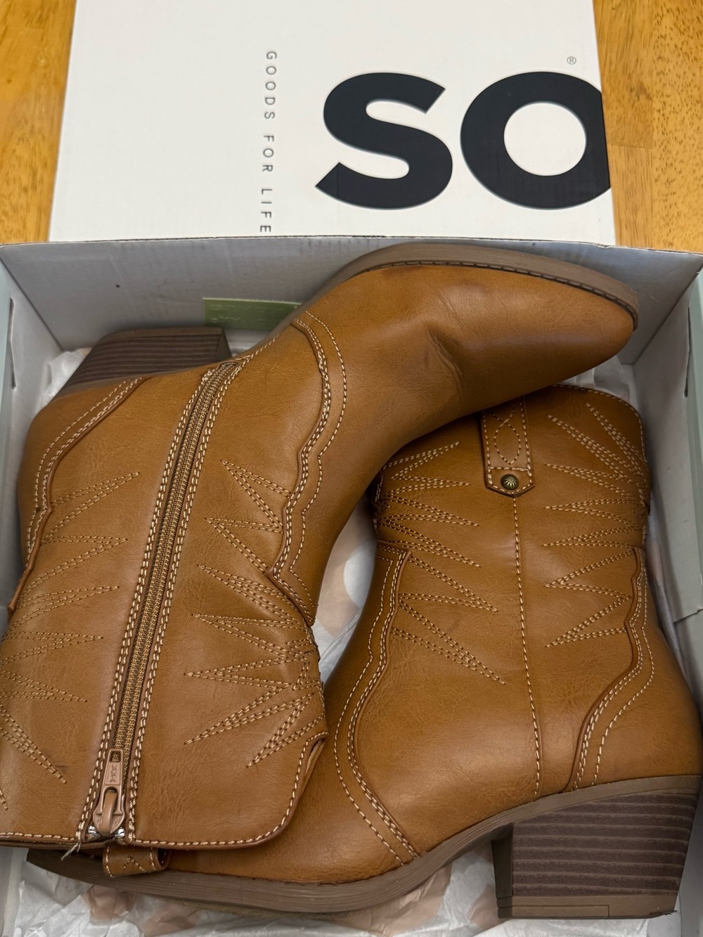 SO Tan Western-Style Ankle Booties with Stacked Heel